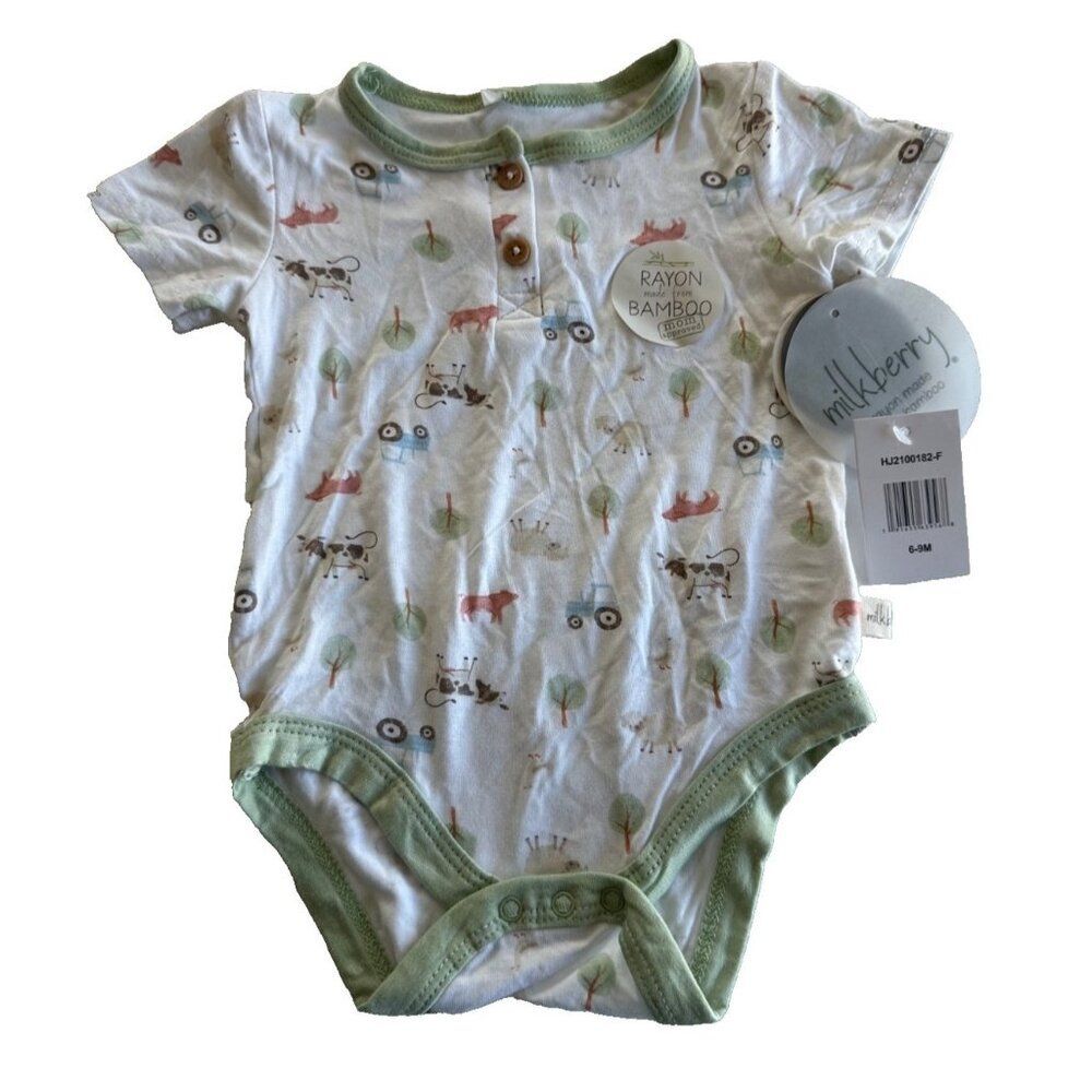 Milkberry Unisex Baby 6-9 Month Bamboo Farm Animal One Piece NEW